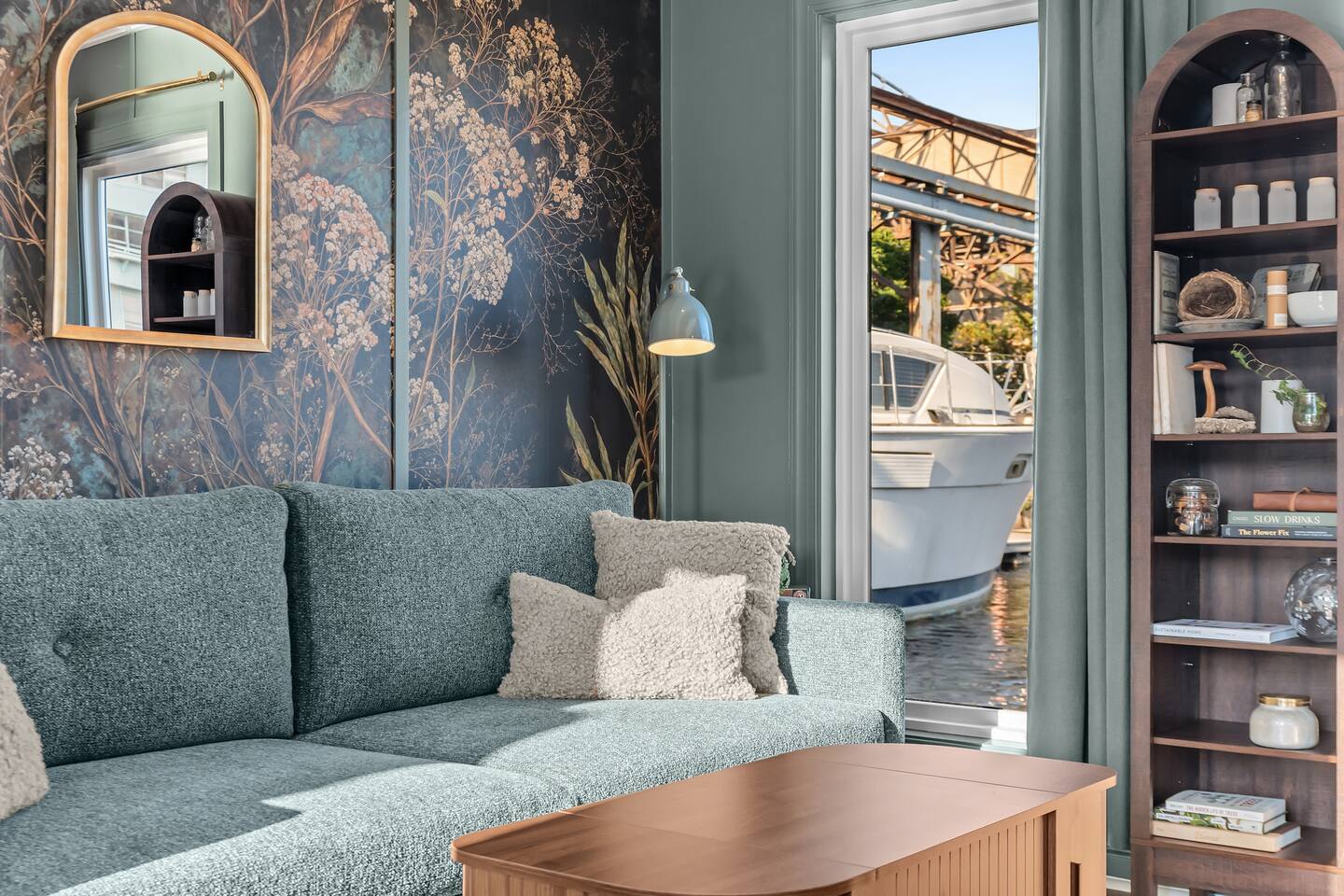 Sofa and shelving beside the window