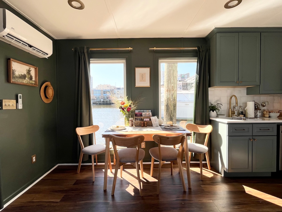 Dining table with harbor views